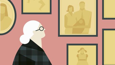 Illustration: Eine Alte Dame schaut auf Familienfotos an einer Wand.