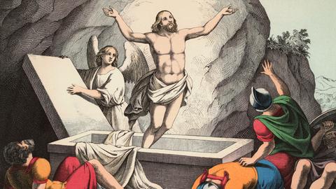 Eine Farblithographie nach B.Hummel zeigt die Auferstehung Christi,  Blatt XXVII der Folge: Dreissig Biblische Bilder zum Neuen Testament, Zur Anschauung und Belehrung für Kinder, Esslingen und Muenchen (J. F. Schreiber) Berlin, Sammlung Archiv für Kunst und Geschichte.