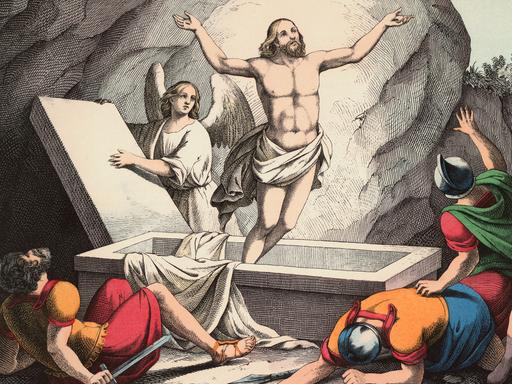 Eine Farblithographie nach B.Hummel zeigt die Auferstehung Christi,  Blatt XXVII der Folge: Dreissig Biblische Bilder zum Neuen Testament, Zur Anschauung und Belehrung für Kinder, Esslingen und Muenchen (J. F. Schreiber) Berlin, Sammlung Archiv für Kunst und Geschichte.