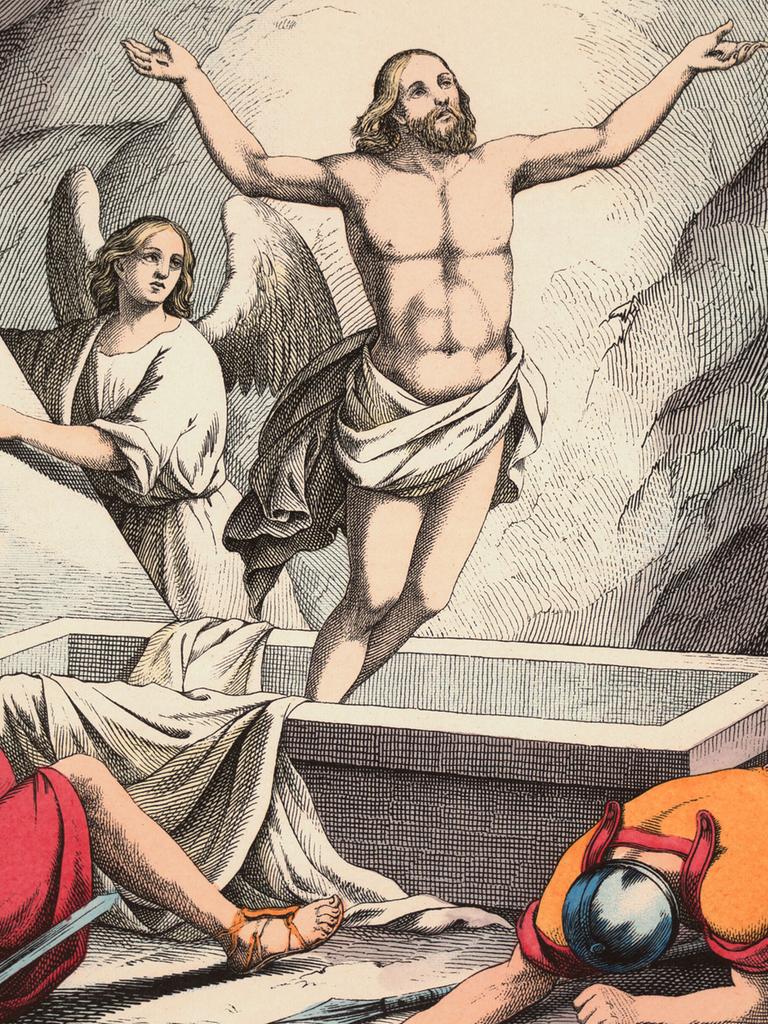 Eine Farblithographie nach B.Hummel zeigt die Auferstehung Christi,  Blatt XXVII der Folge: Dreissig Biblische Bilder zum Neuen Testament, Zur Anschauung und Belehrung für Kinder, Esslingen und Muenchen (J. F. Schreiber) Berlin, Sammlung Archiv für Kunst und Geschichte.