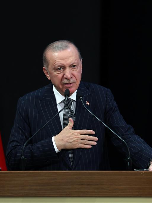 Der türkische Präsident Recep Tayyip Erdoğan an einem Rednerpult, links und rechts stehen türkische Flaggen.