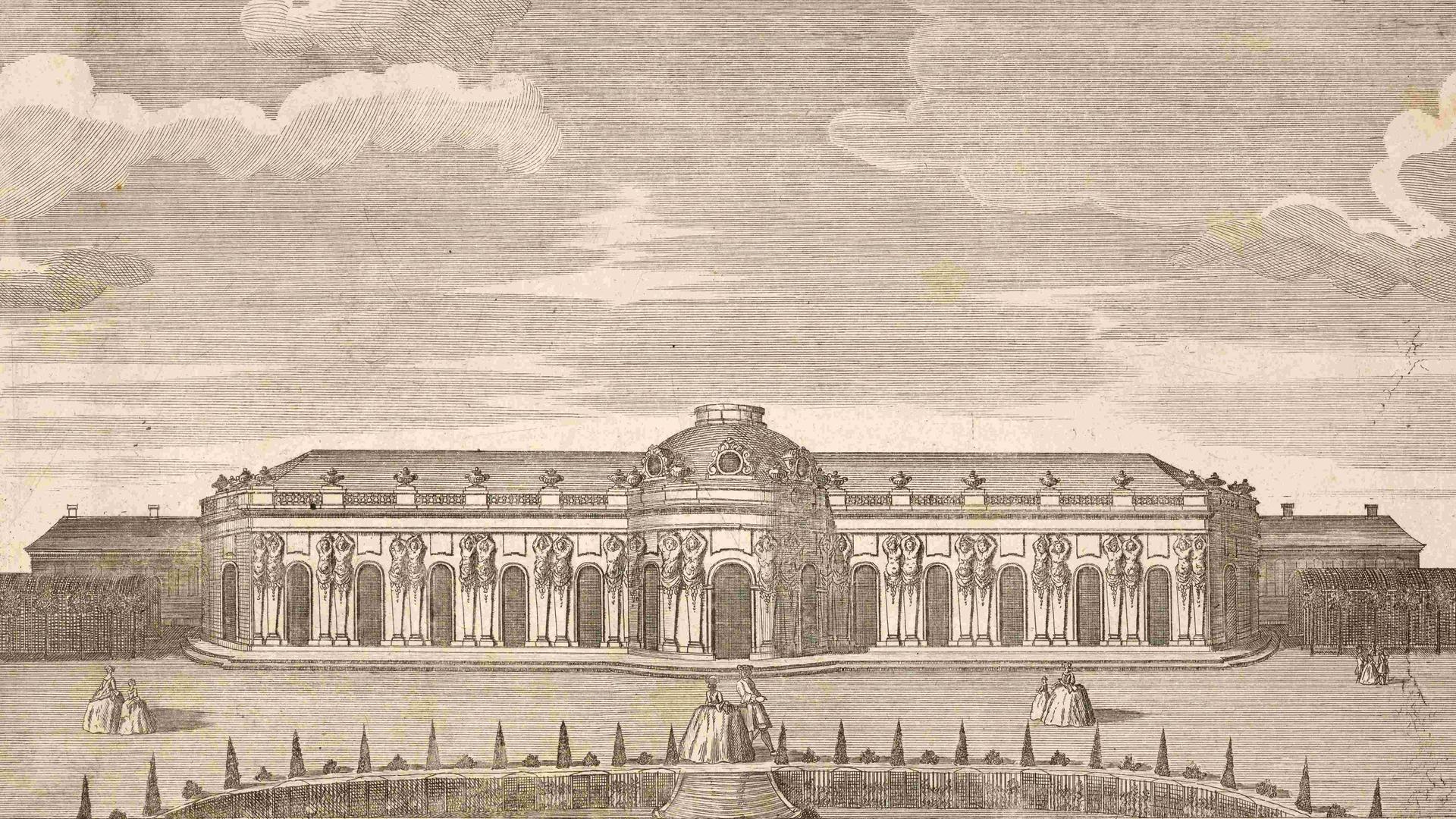 Königliches Lustschloss Sanssouci bei Potsdam, um 1880, digital restaurierte Reproduktion von einer Illustration aus dem 19. Jahrhundert, genaues Datum unbekannt.