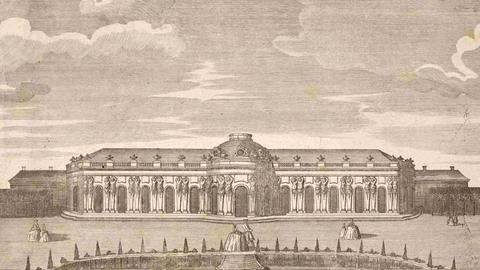 Königliches Lustschloss Sanssouci bei Potsdam, um 1880, digital restaurierte Reproduktion von einer Illustration aus dem 19. Jahrhundert, genaues Datum unbekannt.