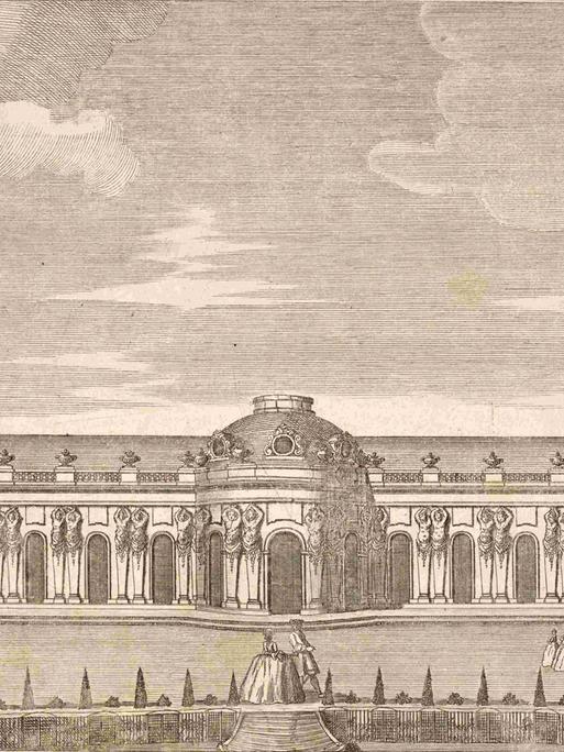 Königliches Lustschloss Sanssouci bei Potsdam, um 1880, digital restaurierte Reproduktion von einer Illustration aus dem 19. Jahrhundert, genaues Datum unbekannt.