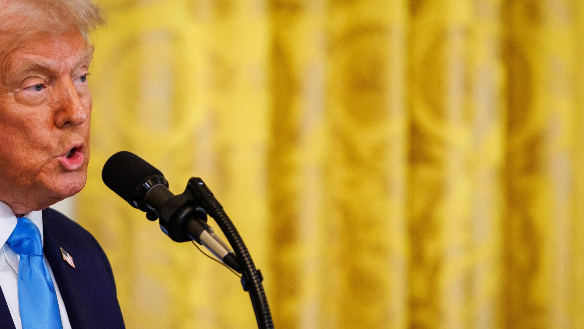 Ein Mann spricht mit offenem Mund in ein Mikrofon, er trägt eine hellblaue Krawatte und einen dunkelblauen Anzug. Es ist US-Präsident Donald Trump bei einer Pressekonferenz. 