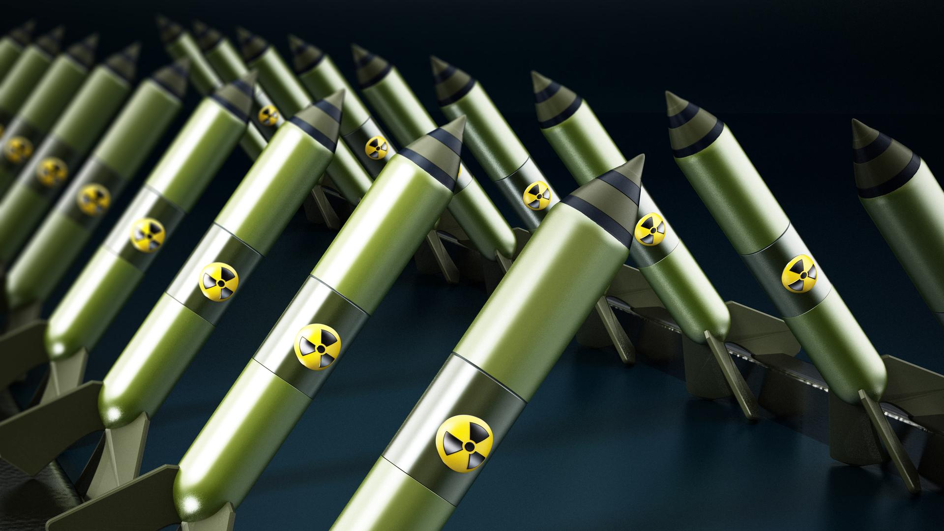 3D-Illustration: Nuklearsprengköpfe in zwei Reihen