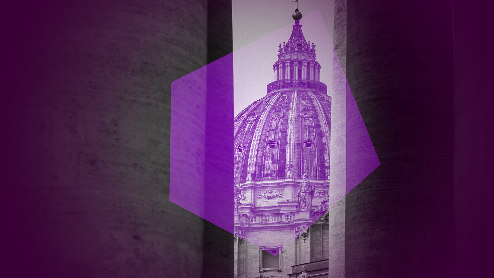 Ein violett eingefärbtes Bild Petersdom wird von einem violetten Mosaikstück überlagert.