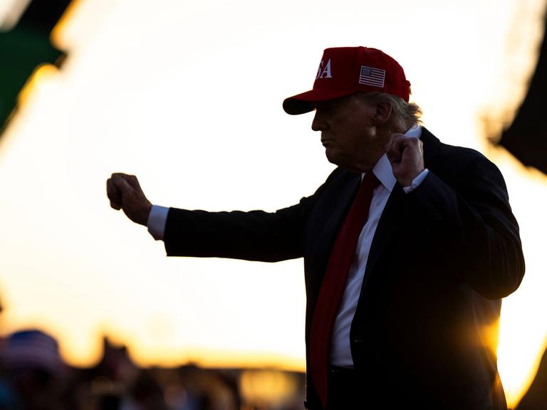 US-Präsident Donald Trump trägt ein rotes Cap mit US-Flagge an der Seite und steht auf einer Bühne mit erhobenen Armen und geballten Fäusten 