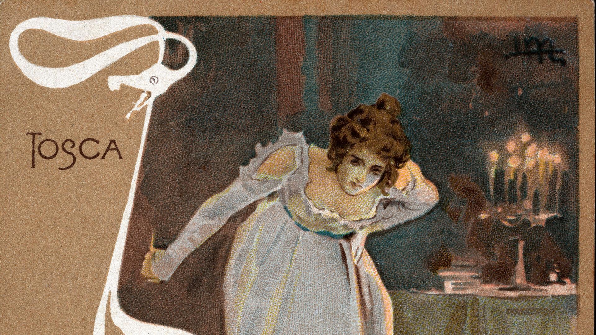 Auf der Illustraion im Jugendstil beugt sich eine junge Frau mit hochgestecktem Haar und Messer in der Hand über einen Mann, der auf dem Boden liegt, während im Hintergrund ein Kerzenleuchter auf einem Tisch Licht spendet. Auf der Illustraion im Jugendstil beugt sich eine junge Frau mit hochgestecktem Haar und Messer in der Hand über einen Mann, der auf dem Boden liegt, während im Hintergrund ein Kerzenleuchter auf einem Tisch Licht spendet.