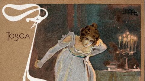 Auf der Illustraion im Jugendstil beugt sich eine junge Frau mit hochgestecktem Haar und Messer in der Hand über einen Mann, der auf dem Boden liegt, während im Hintergrund ein Kerzenleuchter auf einem Tisch Licht spendet.