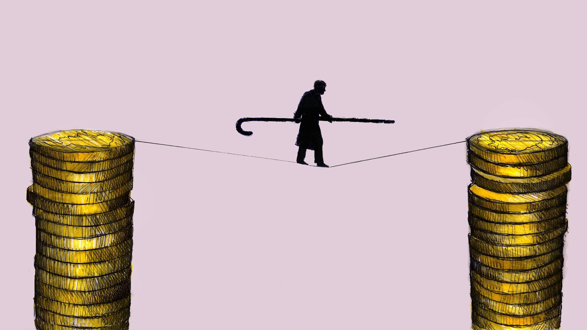 Eine Grafik: Ein alter Mann balanciert mit einem Gehstock auf einem Drahtseil gestützt von Münzstabeln.