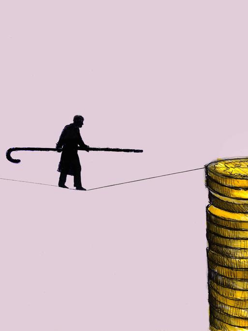 Eine Grafik: Ein alter Mann balanciert mit einem Gehstock auf einem Drahtseil gestützt von Münzstabeln.