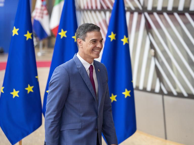 Spaniens Premier Pedro Sanchez läuft vorbei an mehreren EU-Fahnen
