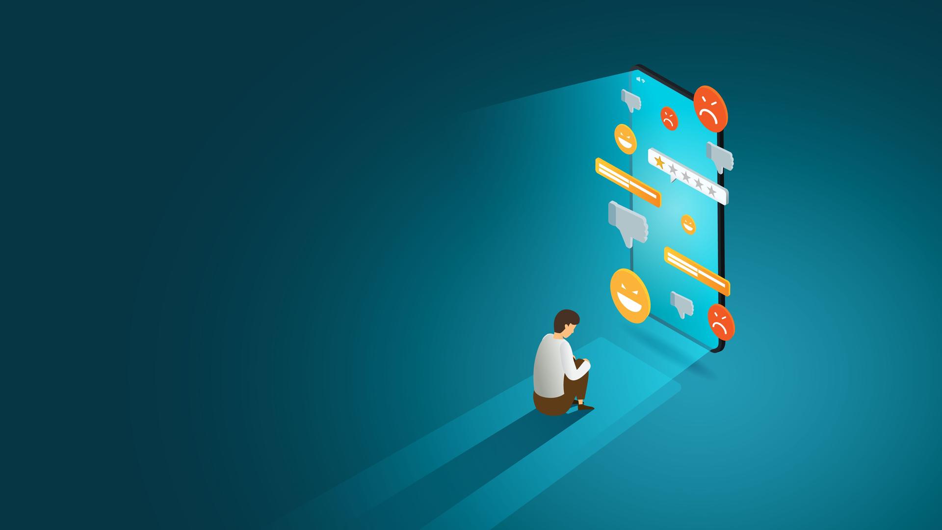 Illustration eines Teenagers, der niedergeschlagen vor einem Smartphone-Display sitzt, von dem aus Nachrichten auf ihn einströmen. Illustration eines Teenagers, der niedergeschlagen vor einem Smartphone-Display sitzt, von dem aus Nachrichten auf ihn einströmen.