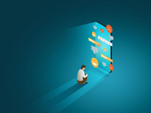 Illustration eines Teenagers, der niedergeschlagen vor einem Smartphone-Display sitzt, von dem aus Nachrichten auf ihn einströmen. Illustration eines Teenagers, der niedergeschlagen vor einem Smartphone-Display sitzt, von dem aus Nachrichten auf ihn einströmen.