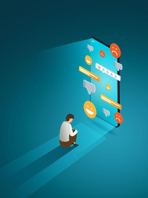 Illustration eines Teenagers, der niedergeschlagen vor einem Smartphone-Display sitzt, von dem aus Nachrichten auf ihn einströmen.