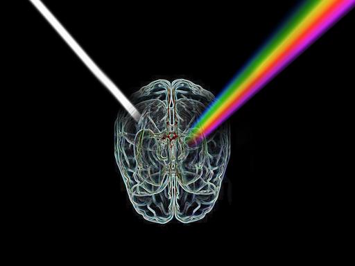 Illustration: In einem Gehirn bricht Licht als ein regenbogenfarbenes Prisma.