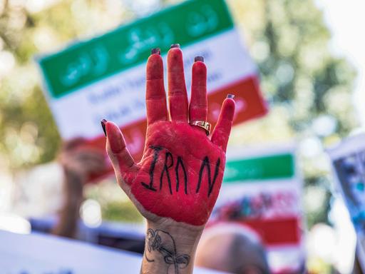 Eine Protestlerin hält eine in rot getränkte Hand mit der Aufschrift Iran in die Luft