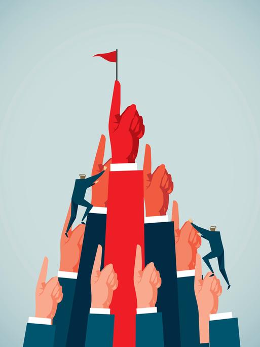 Illustration: Eine Mensch besteigt einen Gipfel aus in die Höhe gestreckten Fingern. Auf der Spitze weht eine rote Flagge.