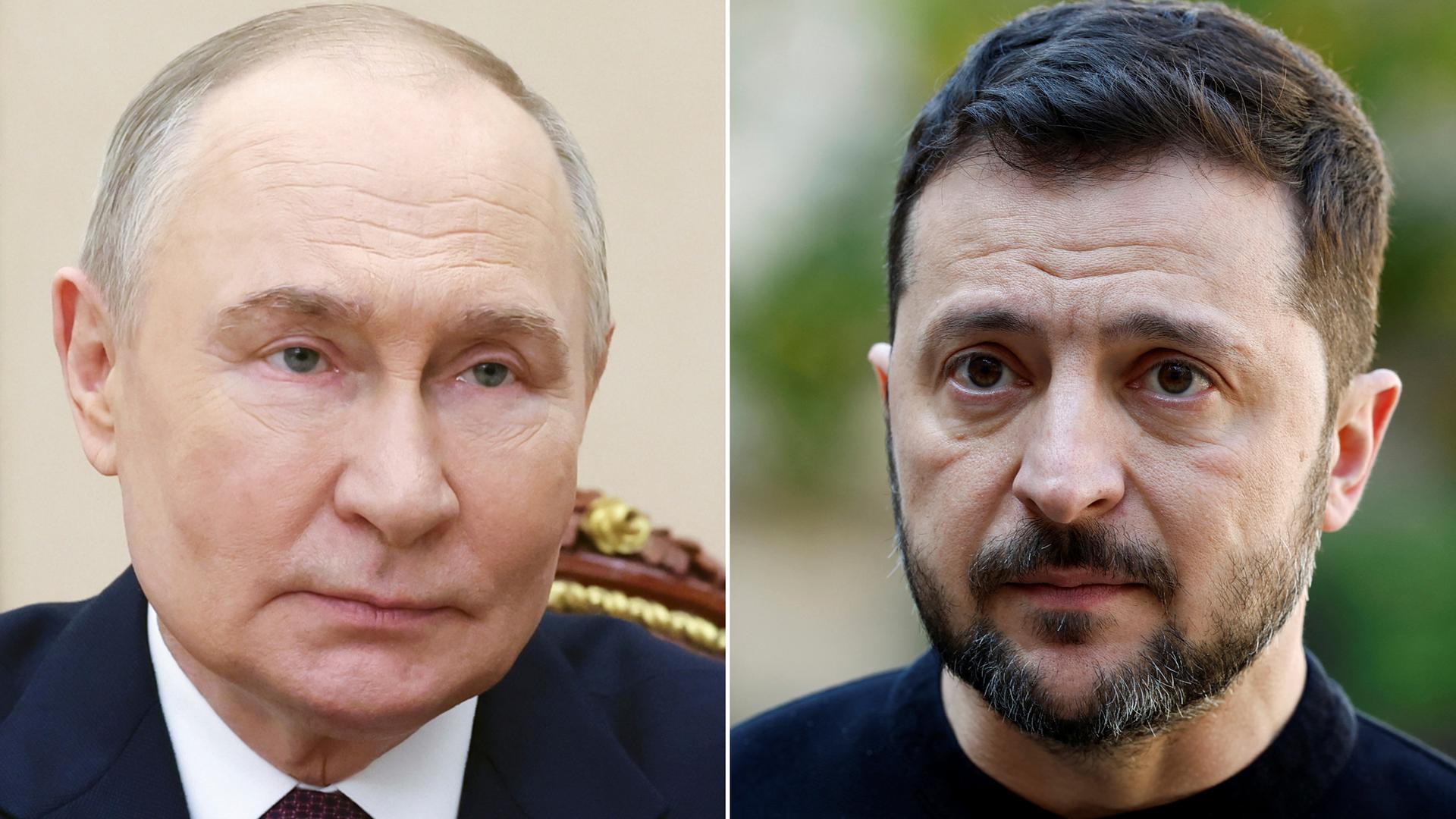 Das Bild zeigt Wladimir Putin und Wolodymyr Selenskyj in zwei nebeneinander montierten Fotos.