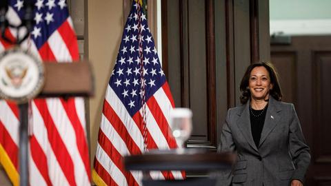Kamala Harris betritt lächelnd einen Raum mit der US-Flagge auf der linken Seite.