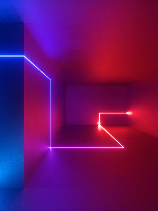 Zu sehen ist ein dreidimensional erscheinendes Rendering. Rotes und blaues Neonlicht läuchtet in einer ungerade verlaufenden                                    Linie einen virtuellen Raum aus.                                                                          