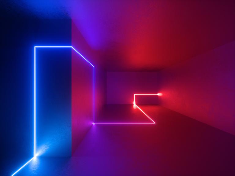 Zu sehen ist ein dreidimensional erscheinendes Rendering. Rotes und blaues Neonlicht läuchtet in einer ungerade verlaufenden                                    Linie einen virtuellen Raum aus.                                                                          