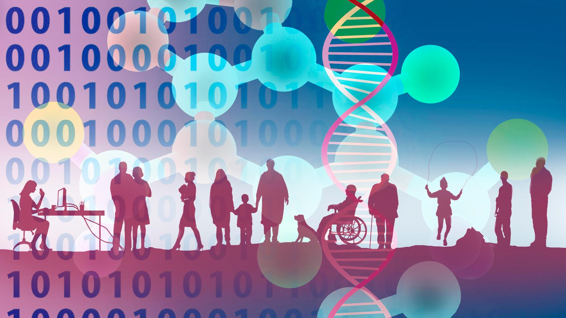 Ilustration mit stilisierten Menschen, die von wissenschaftlichen Elementen umgeben sind. Ilustration mit stilisierten Menschen, die von wissenschaftlichen Elementen umgeben sind.