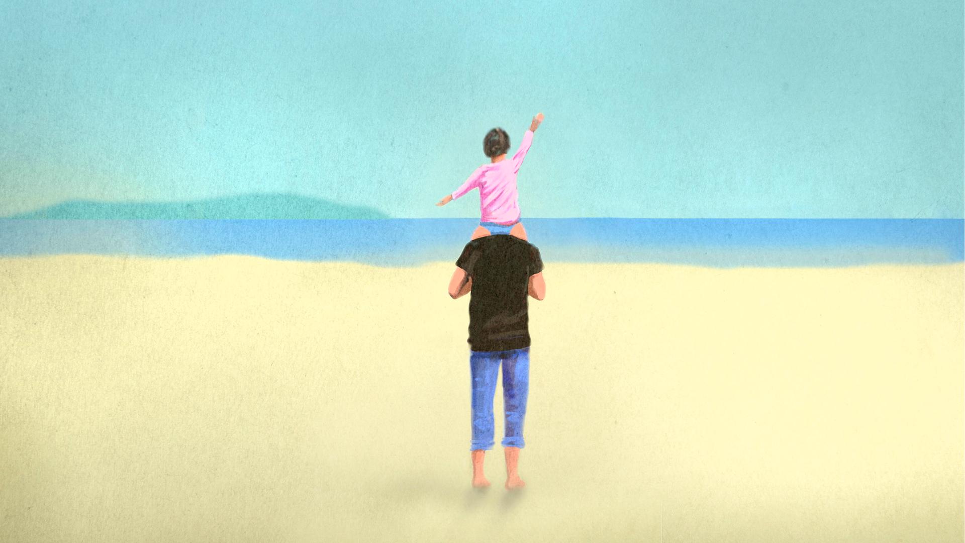 Eine aquarellartige Illustration zeigt von hinten einen barfüßigen Mann, der ein Kind auf seinen Schultern trägt. Beide stehen an einem hellen Sandstrand und blicken auf das ruhige blaue Meer. Eine aquarellartige Illustration zeigt von hinten einen barfüßigen Mann, der ein Kind auf seinen Schultern trägt. Beide stehen an einem hellen Sandstrand und blicken auf das ruhige blaue Meer.