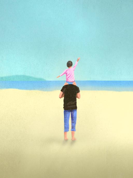 Eine aquarellartige Illustration zeigt von hinten einen barfüßigen Mann, der ein Kind auf seinen Schultern trägt. Beide stehen an einem hellen Sandstrand und blicken auf das ruhige blaue Meer. Eine aquarellartige Illustration zeigt von hinten einen barfüßigen Mann, der ein Kind auf seinen Schultern trägt. Beide stehen an einem hellen Sandstrand und blicken auf das ruhige blaue Meer.