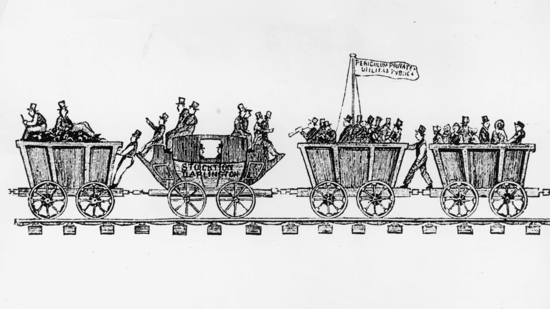Zeichnung vom ersten Zug auf der 1825 eröffneten Eisenbahnstrecke Stockton-Darlingtonin Großbritannien 