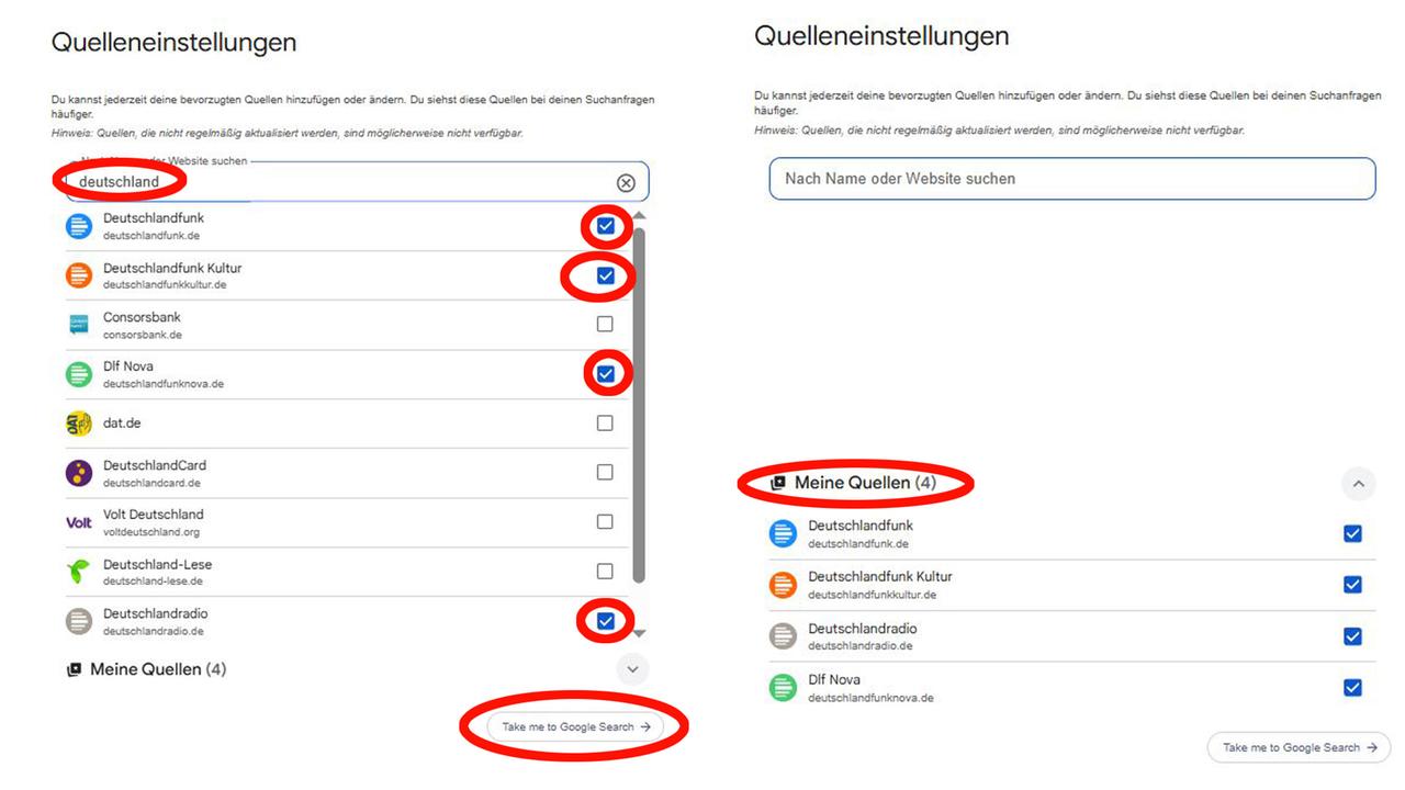 Zwei Screenshots aus dem Menü zur Auswahl bevorzugter Nachrichten-Quellen im personalisierten Google-Account