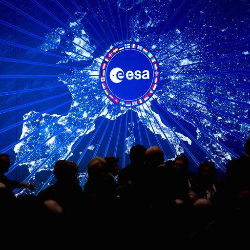 Blick in den Sitzungssaal der Esa-Ministerratstagung. An der Wand ist ein Teil der Weltkugel, darüber das Esa-Zeichen mit den Fahnen der Mitgliedsländer. 