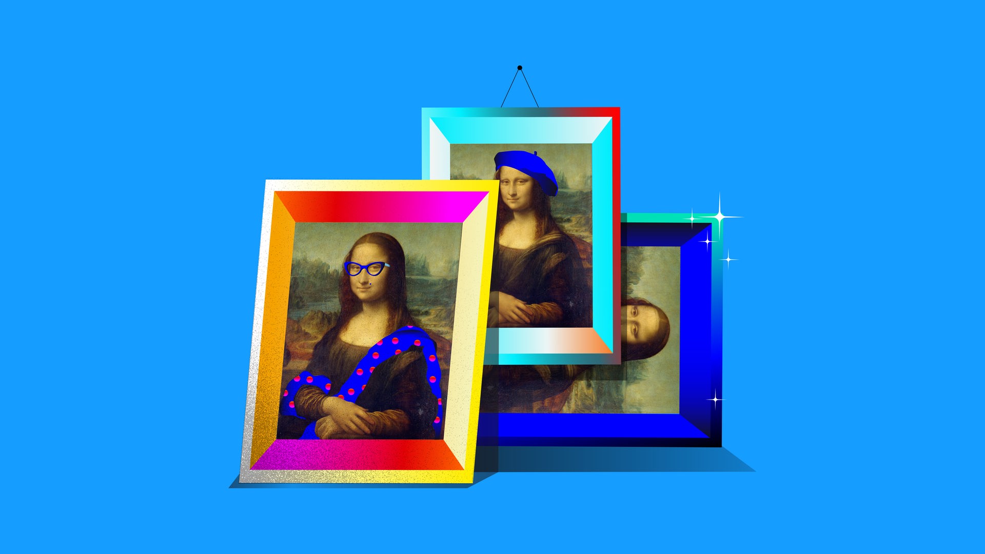 Mehrere verfremdete Mona-Lisa-Gemälde nebeneinander Mehrere verfremdete Mona-Lisa-Gemälde nebeneinander