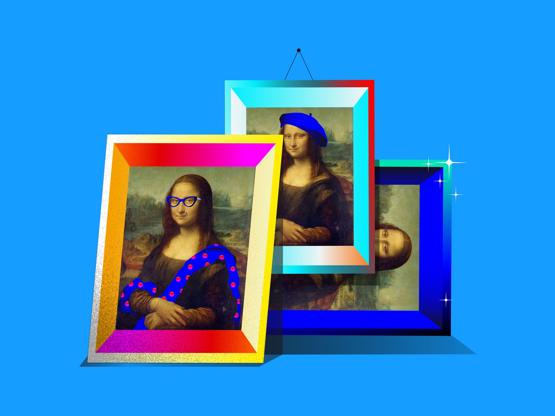 Mehrere verfremdete Mona-Lisa-Gemälde nebeneinander