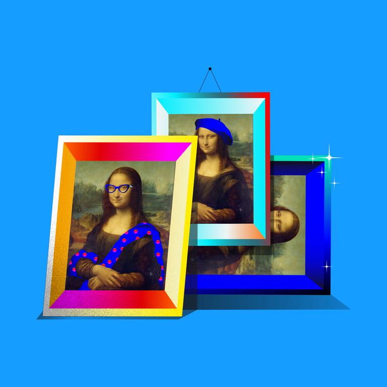 Mehrere verfremdete Mona-Lisa-Gemälde nebeneinander