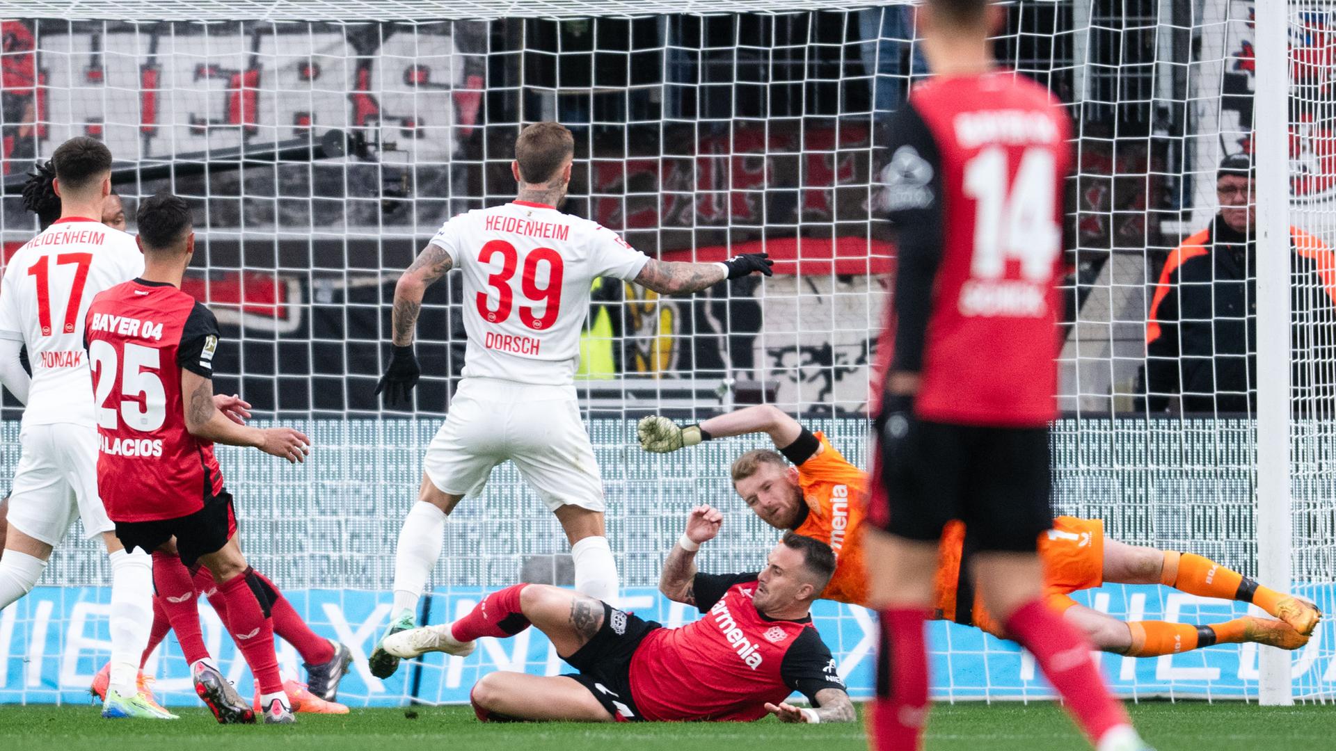 Fußball-Bundesliga, Bayer Leverkusen gegen 1. FC Heidenheim: Heidenheims Niklas Dorsch (3.v.l.) trifft gegen Leverkusens Torwart Lukas Hradecky (2.v.r.) zum 0:1.