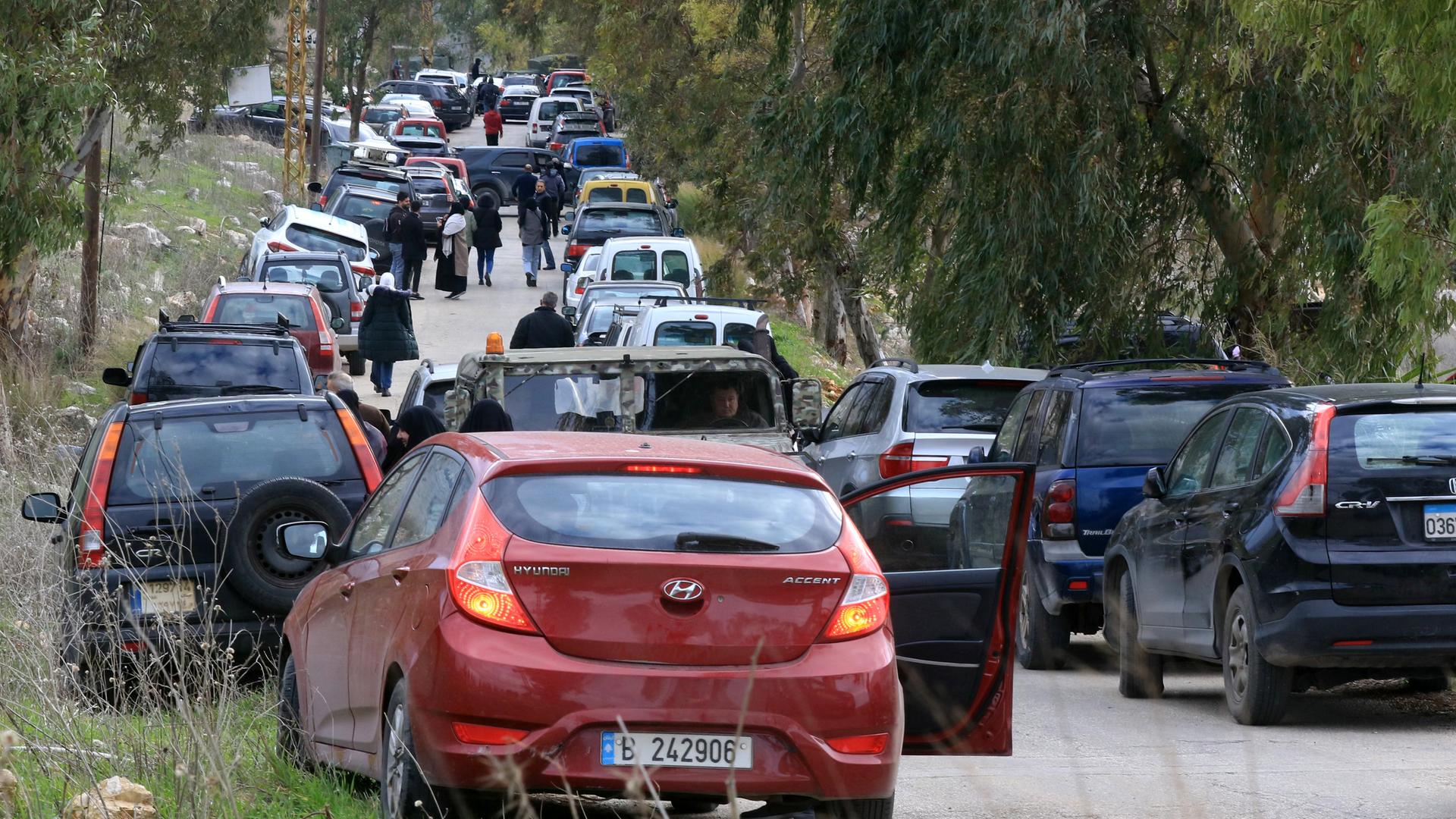 Man sieht eine Straße im Grünen mit langen Schlangen geparkter Autos auf beiden Seiten.