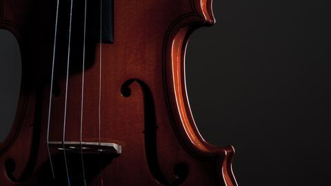 Blick auf die Schalllöcher eines Violoncellos und die Saiten, die auf dem Steg liegen.