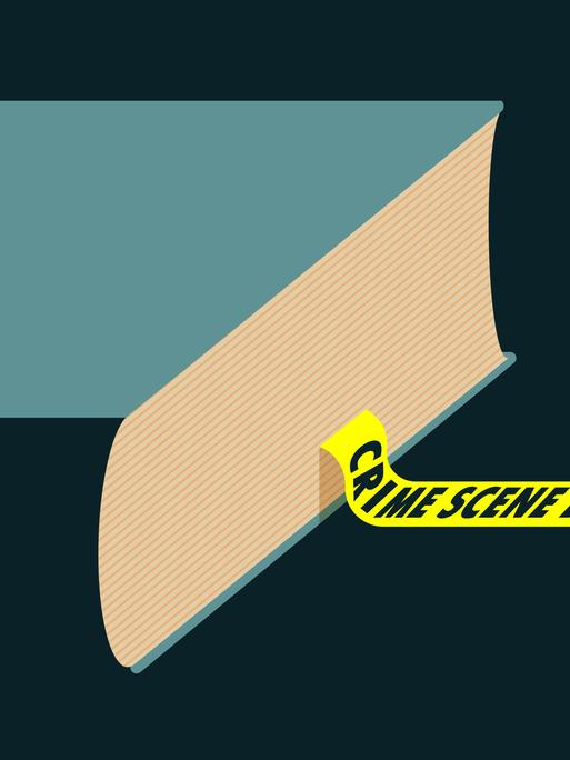 Illustration eines Buches, aus dem ein gelbes Absperrband mit der Aufschrift "Crime Scene - Do Not Cross" wie ein Lesebändchen ragt.
