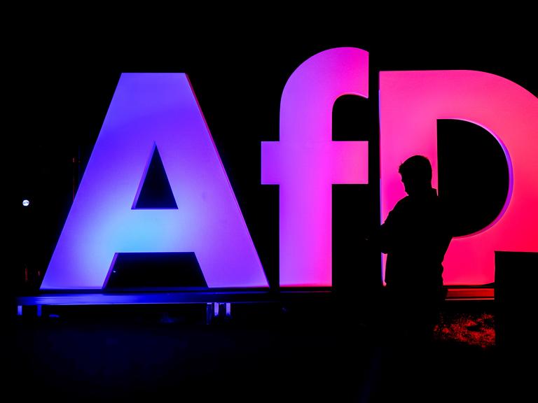 Die Silhouette einer Person vor einem rosa-violett beleuchteten AfD-Logo in einem dunklen Raum.