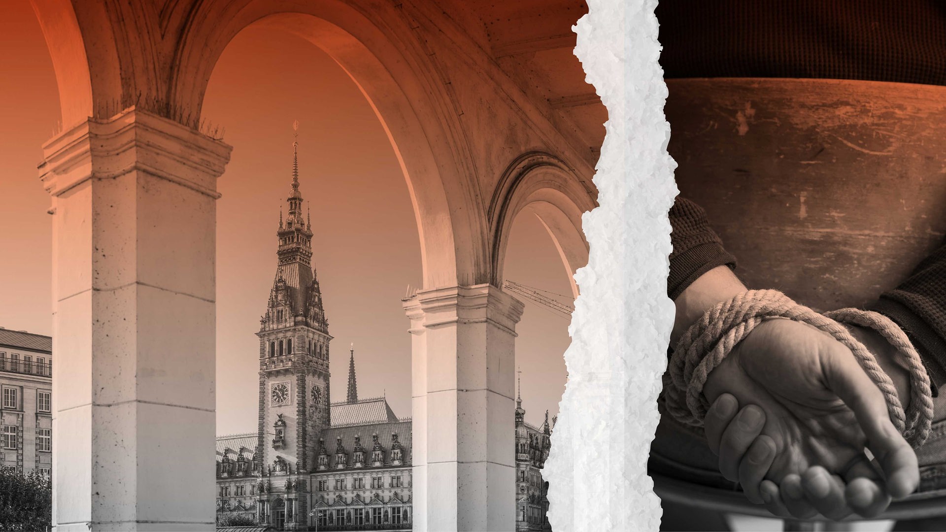 Zwei Bilder, geteilt durch einen Riss: Links Hamburg, rot eingefärbt, rechts gefesselte Hände.