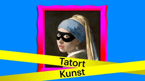 Tatort Kunst: 
Eine Illustration des Bildes „Das Mädchen mit dem Perlenohrring“ von Jan Vermeer, davor gelbes Absperrband auf dem "Tatort Kunst" steht.