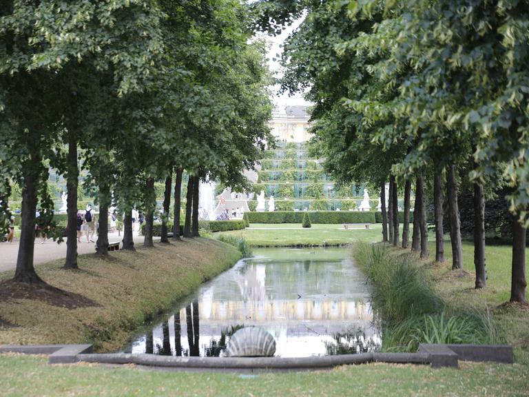 Park von Sanssouci. Vorne ein See, rechts und links Bäume, Blick auf das Schloss.