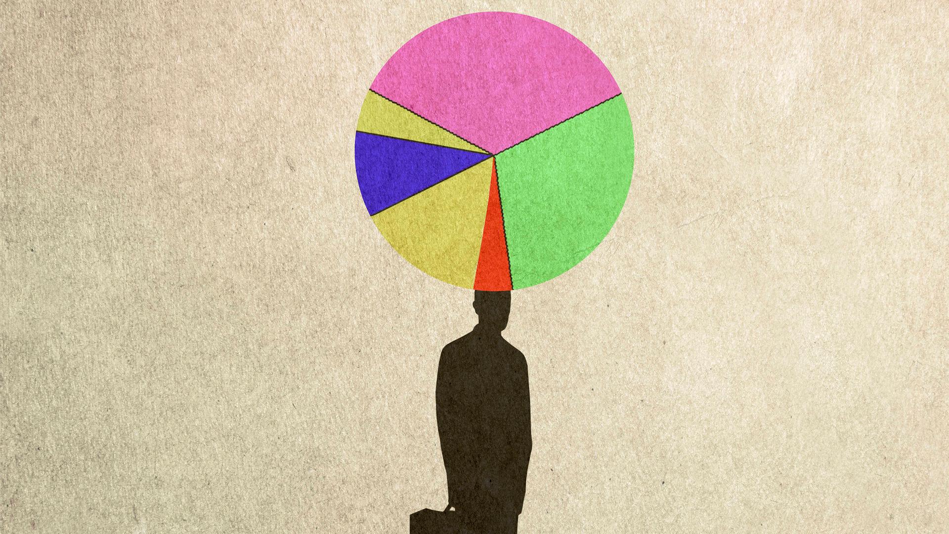 Illustration: Ein Mann mit einem Kuchendiagramm als Hut.