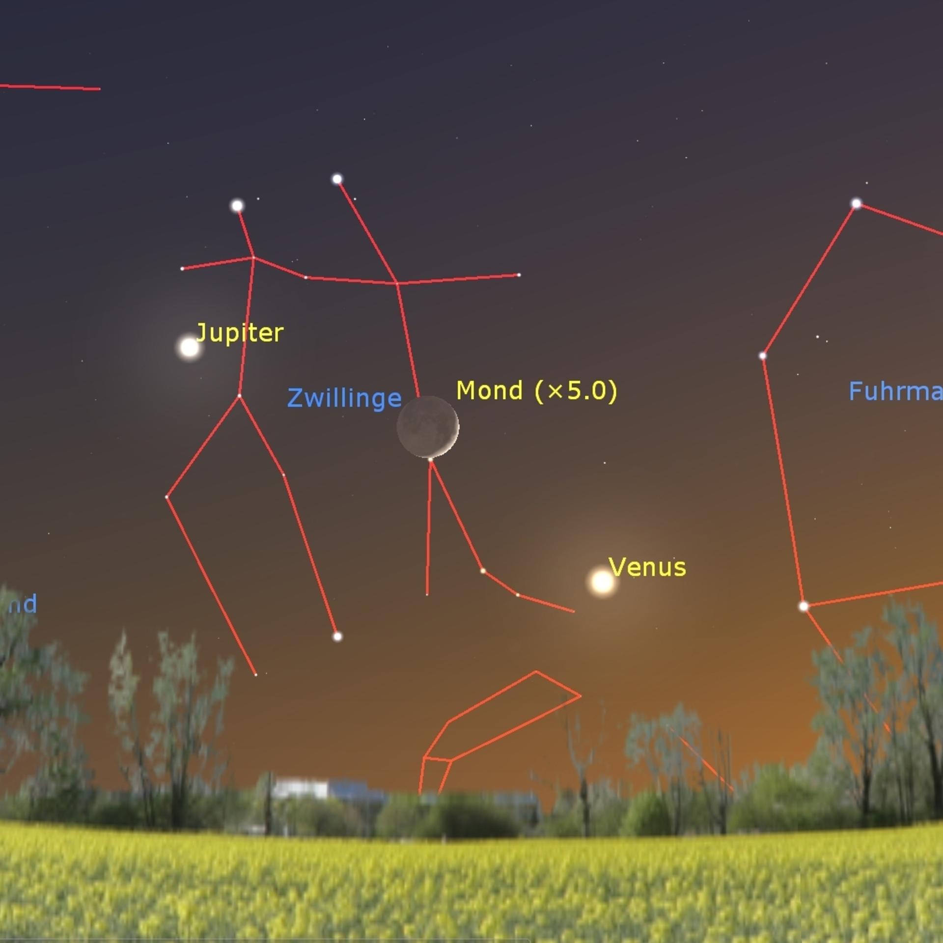 Mond, Venus, Jupiter - Bezaubernde Lichterkette aus Planeten und Mondsichel