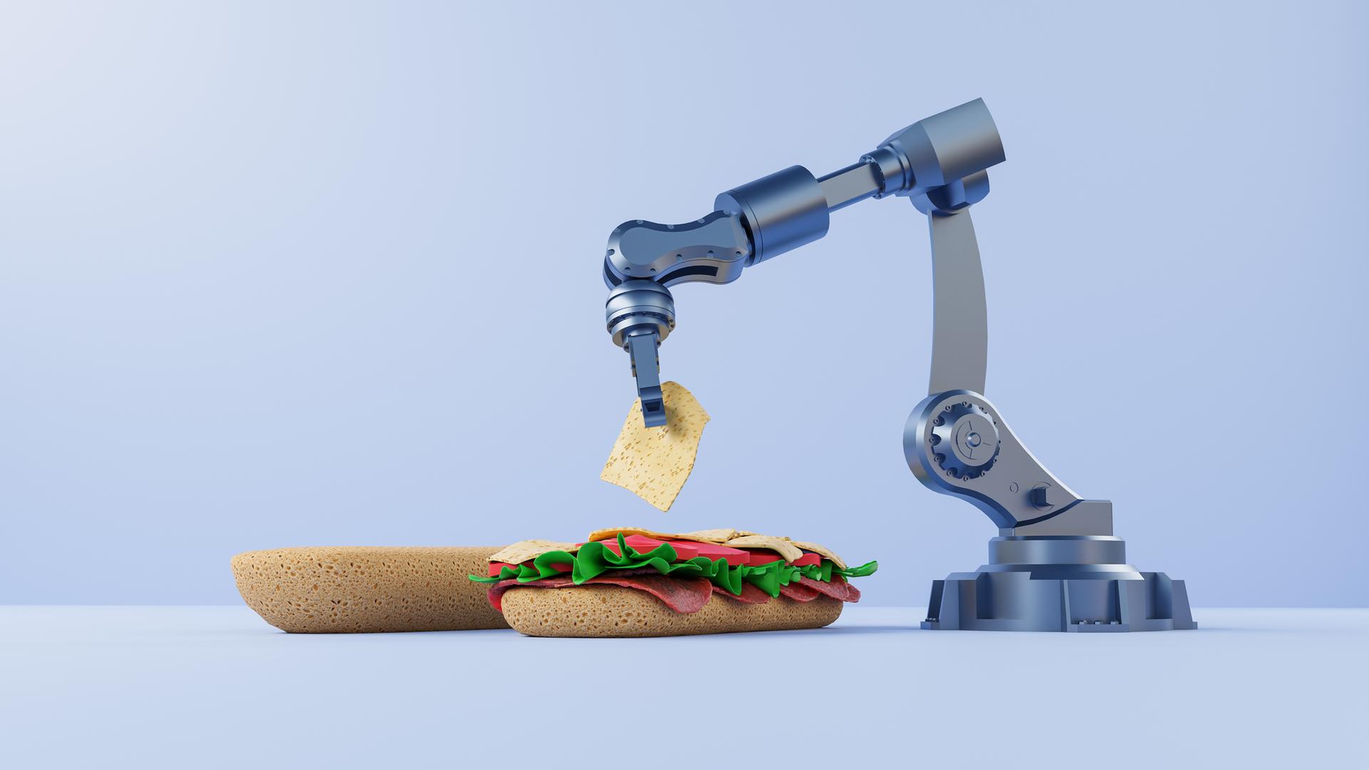 Illustration eines Industrieroboters, der ein Sandwich macht. Der mechanische Arm legt Zutaten in ein Brötchen.