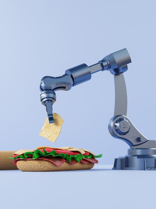 Illustration eines Industrieroboters, der ein Sandwich macht. Der mechanische Arm legt Zutaten in ein Brötchen.