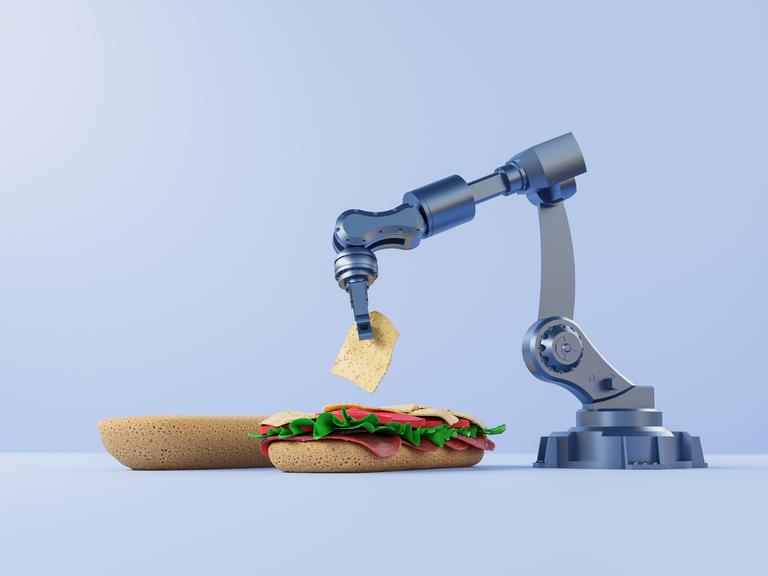 Illustration eines Industrieroboters, der ein Sandwich macht. Der mechanische Arm legt Zutaten in ein Brötchen.