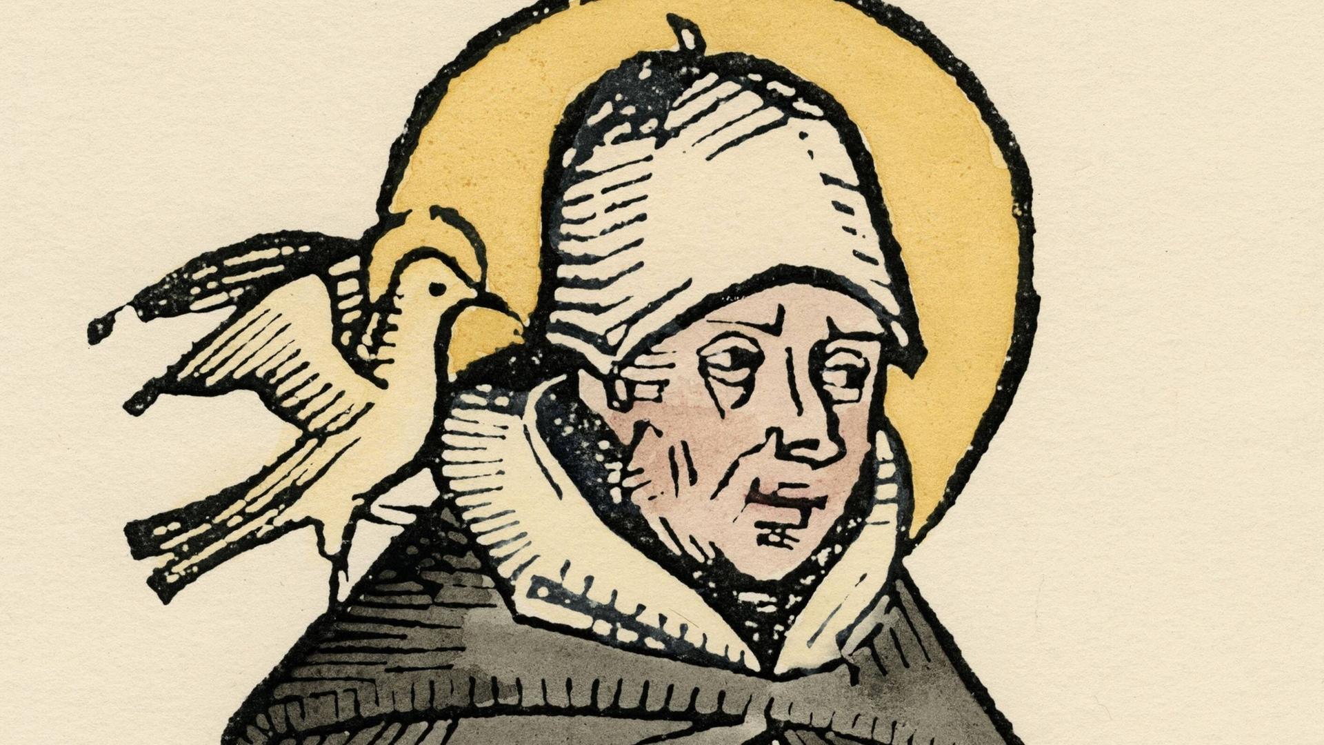 Ein kolorierter Holzschnitt zeigt Thomas von Aquin mit Heiligenschein. Auf seiner Schulter sitzt eine Taube, die den Heiligen Geist symbolisiert.